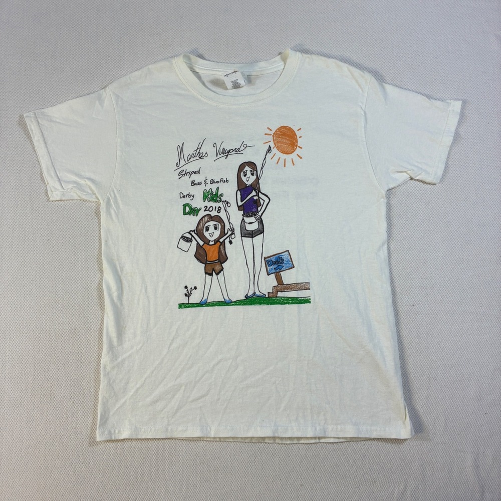 Gildan Marthas Vineyard‎ Striped Bass Bluefish Derby Kids Day 2018 White Shirt M